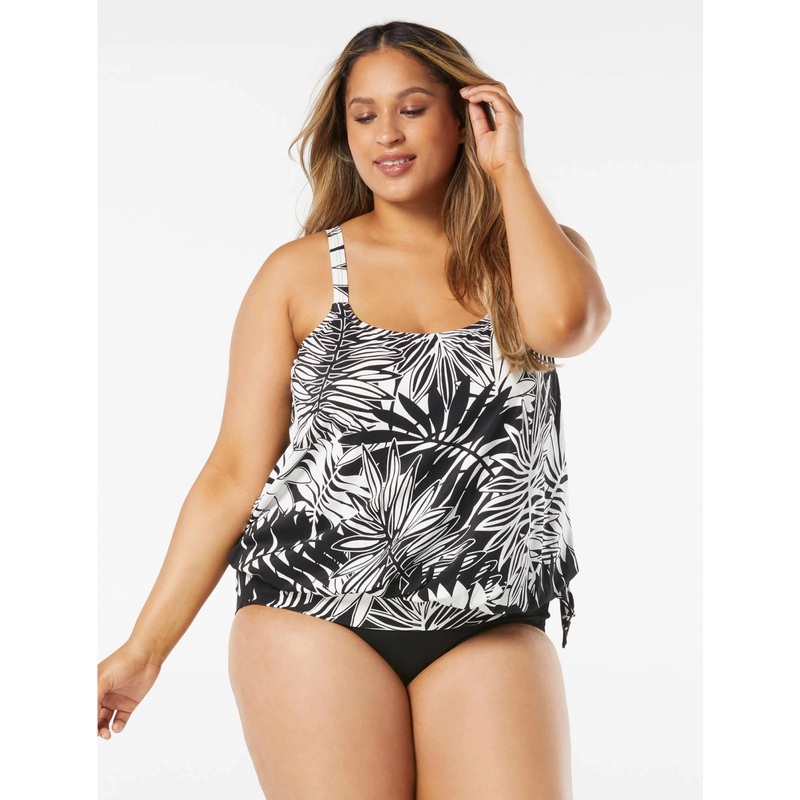 BEACH HOUSE PLUS SIZE SARAH SIDE TIE BLOUSON TANKINI – ABSTRACT PALM (20W-24W)