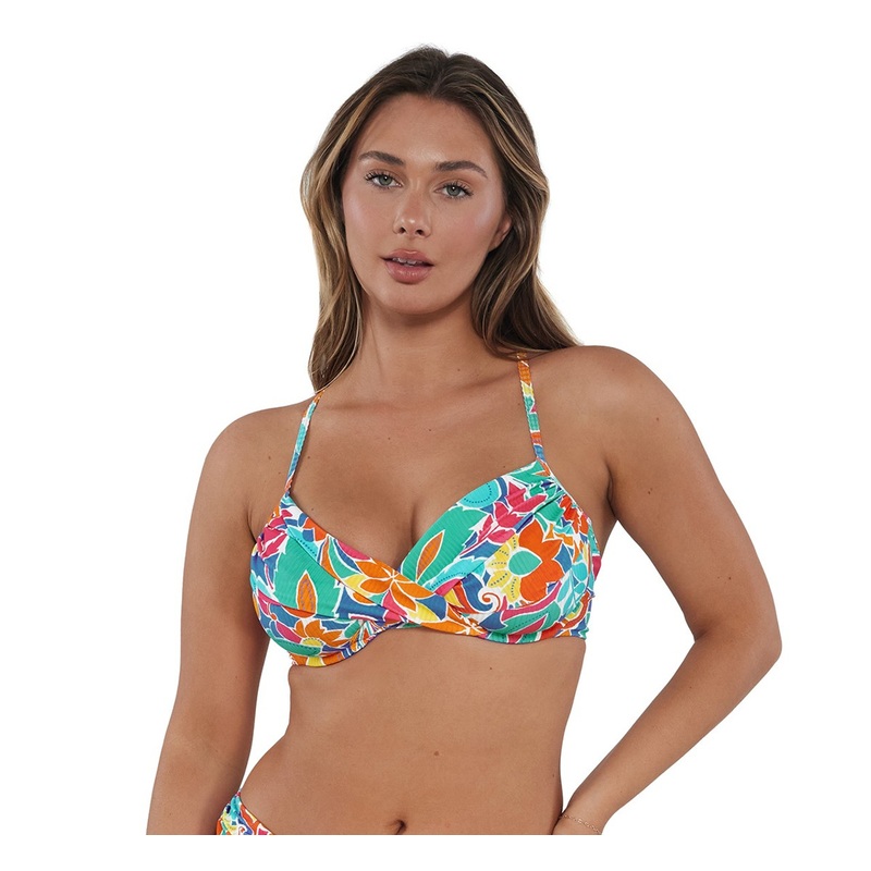 SUNSETS CROSSROADS PRINTED UNDERWIRE TWIST FRONT TOP – FESTIVE FLORAL SANDBAR RIB (D-H CUP)