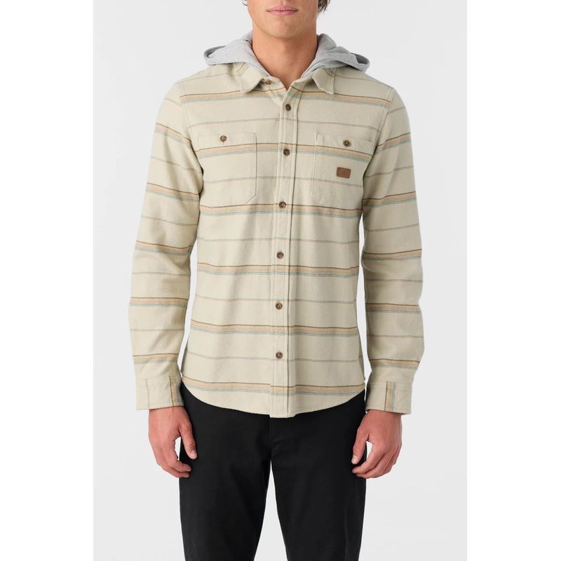 O’NEILL LANDMARKED STRIPE HOODED LONG SLEEVE FLANNEL SHIRT