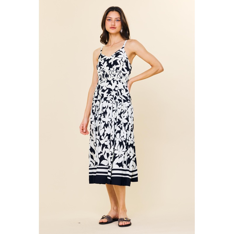 SKIES ARE BLUE PRINTED BLACK AND WHITE MIDI DRESS