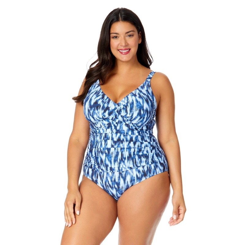 ANNE COLE TIE DYE IKAT HIDDEN UNDERWIRE DRAPE FRONT ONE PIECE (16W-20W)