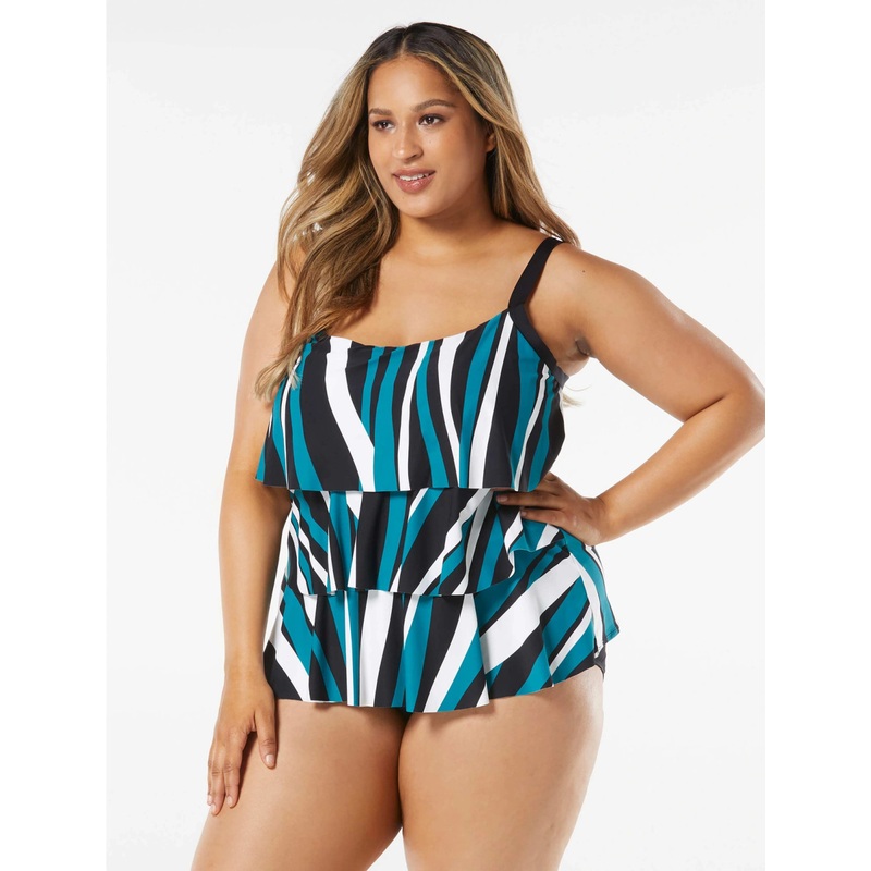 BEACH HOUSE PLUS SIZE JANE RUFFLE TIERED TANKINI – WAVE POOL STRIPE (18W-22W)