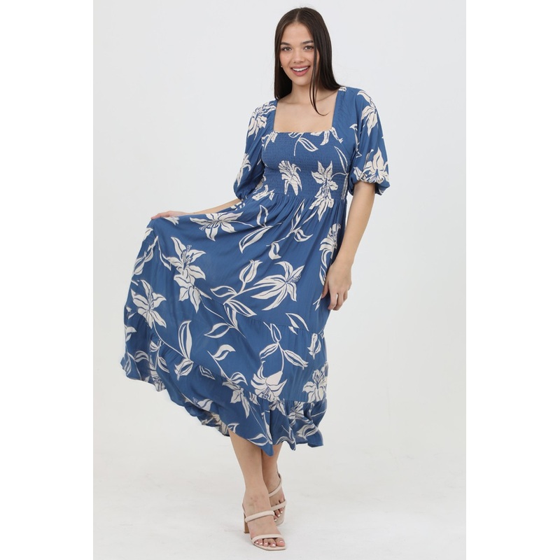 ANGIE SMOCKED BODICE PUFF SLEEVE DRESS – 2 COLORS AVAILABLE