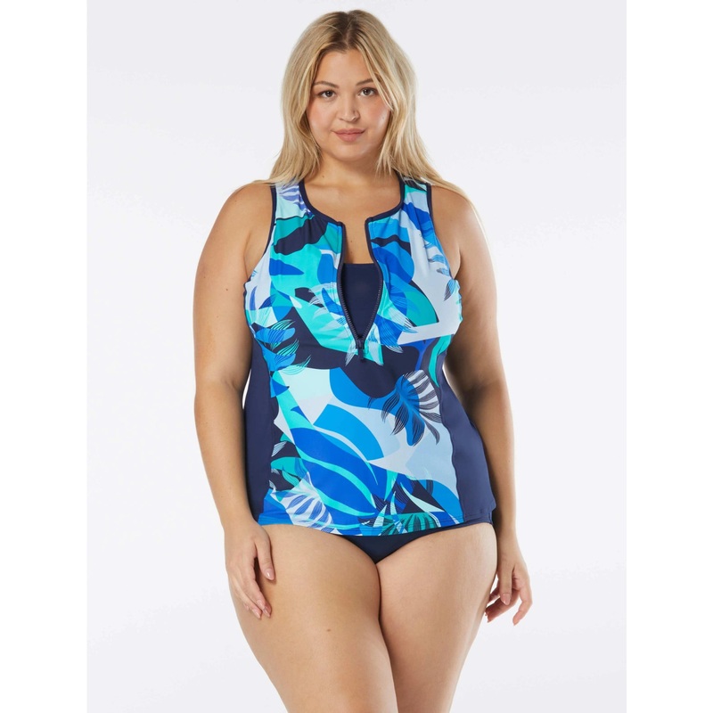 BEACH HOUSE SPORT PLUS SIZE RACER ZIP FRONT TANKINI – GEO PALM (16W-20W)