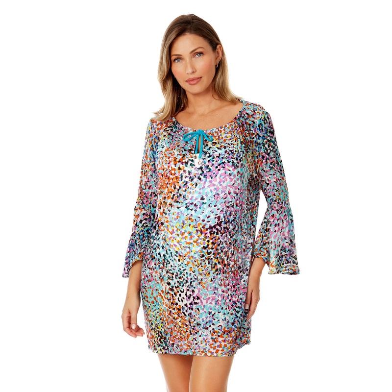 ANNE COLE SUNSET DOT BELL SLEEVE TUNIC COVERUP