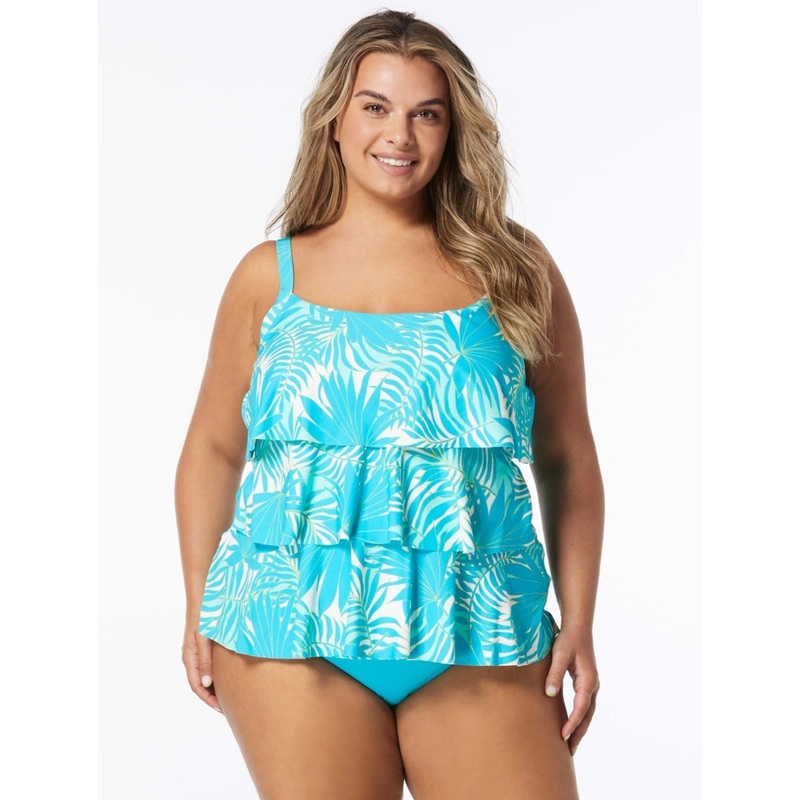BEACH HOUSE PLUS SIZE JANE RUFFLE TANKINI – AQUA PALM (16W-22W)