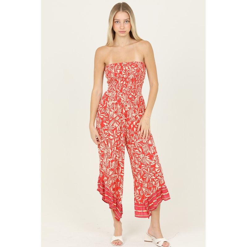 ANGIE SMOCKED STRAPLESS WIDE LEG JUMPSUIT