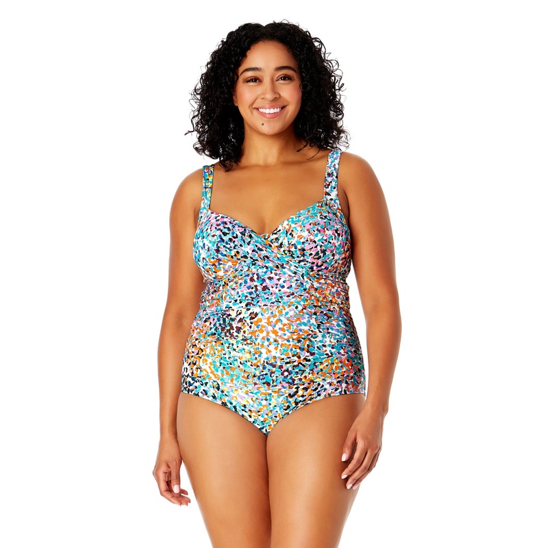 ANNE COLE SUNSET DOT UNDERWIRE SURPLICE ONE PIECE (16W-20W)