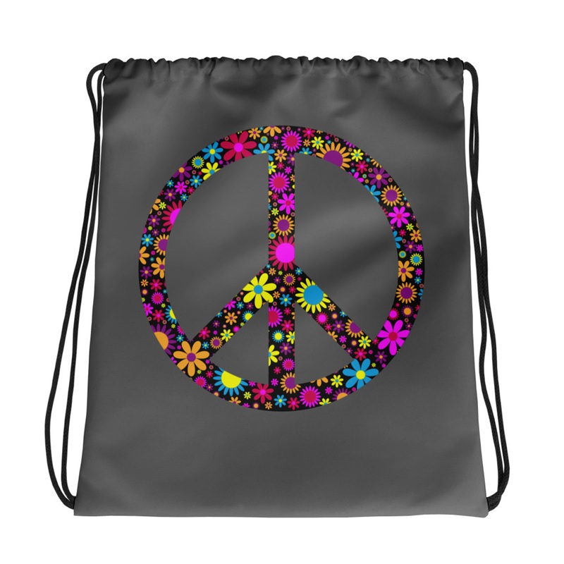 WTees Flower Power Peace Sign Drawstring Bag Grey