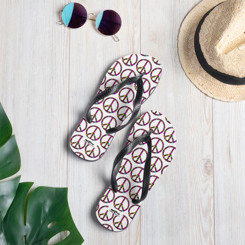 WTees Flower Power Peace Sign flip-Flops White