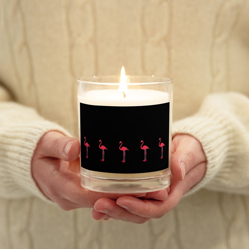 WTees Pink Flamingos Glass Jar Soy Wax Candle Black