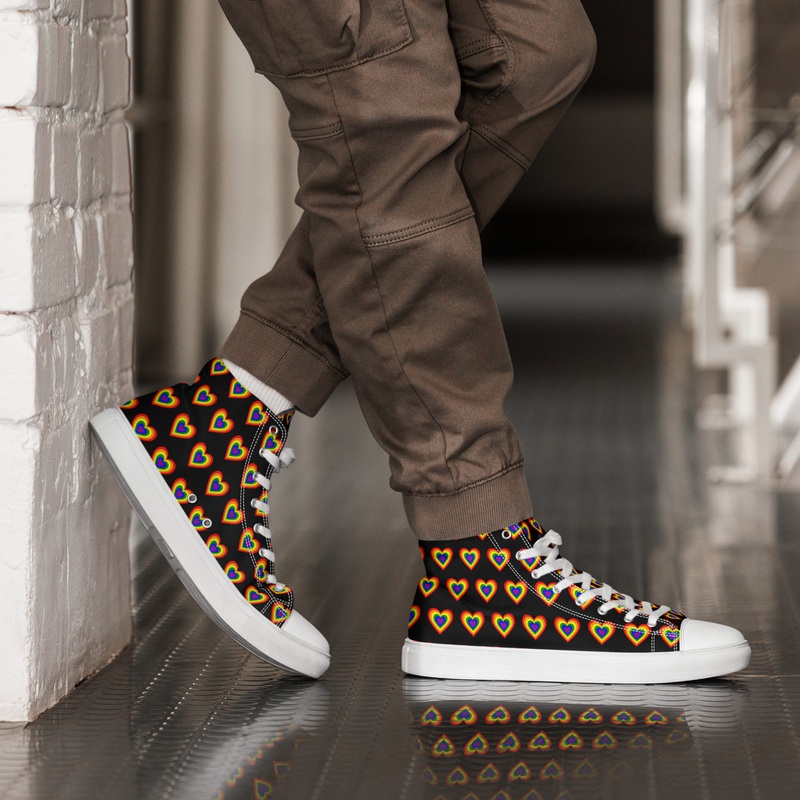 WTees Rainbow Hearts Mens High Top Canvas Shoes Black