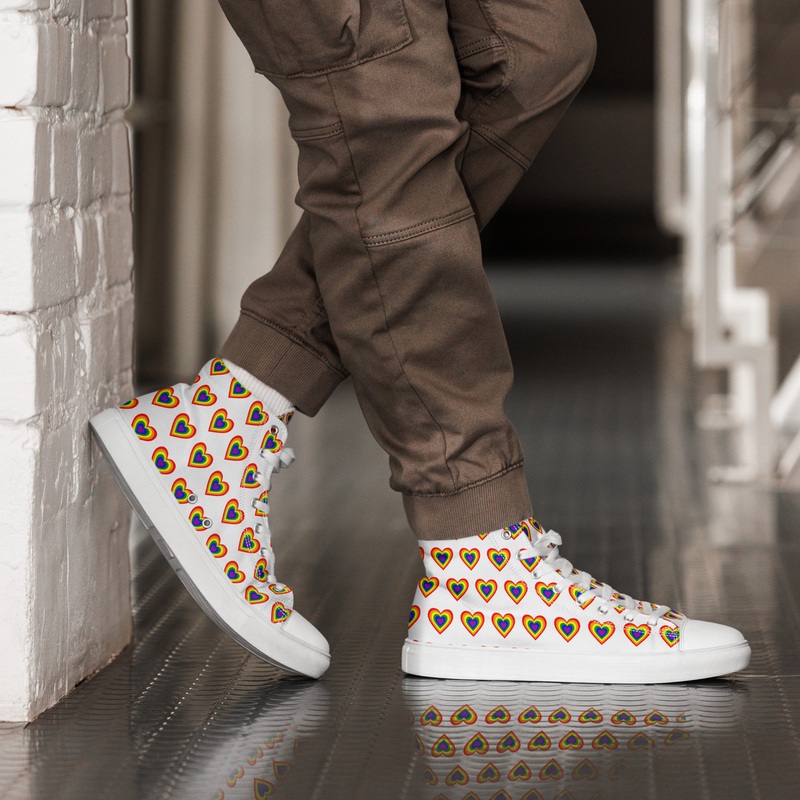 WTees Rainbow Hearts Mens High Top Canvas Shoes White
