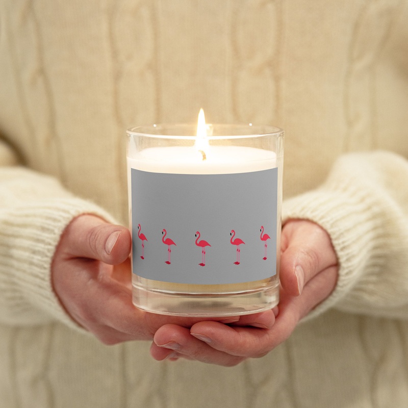 WTees Pink Flamingos Glass Jar Soy Wax Candle Grey