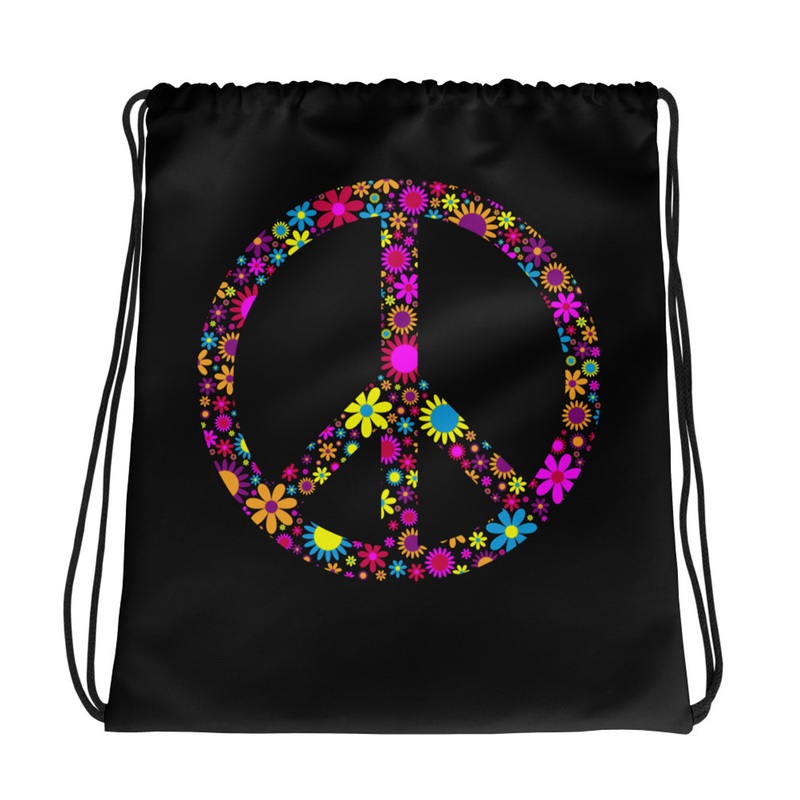 WTees Flower Power Peace Sign Drawstring Bag Black