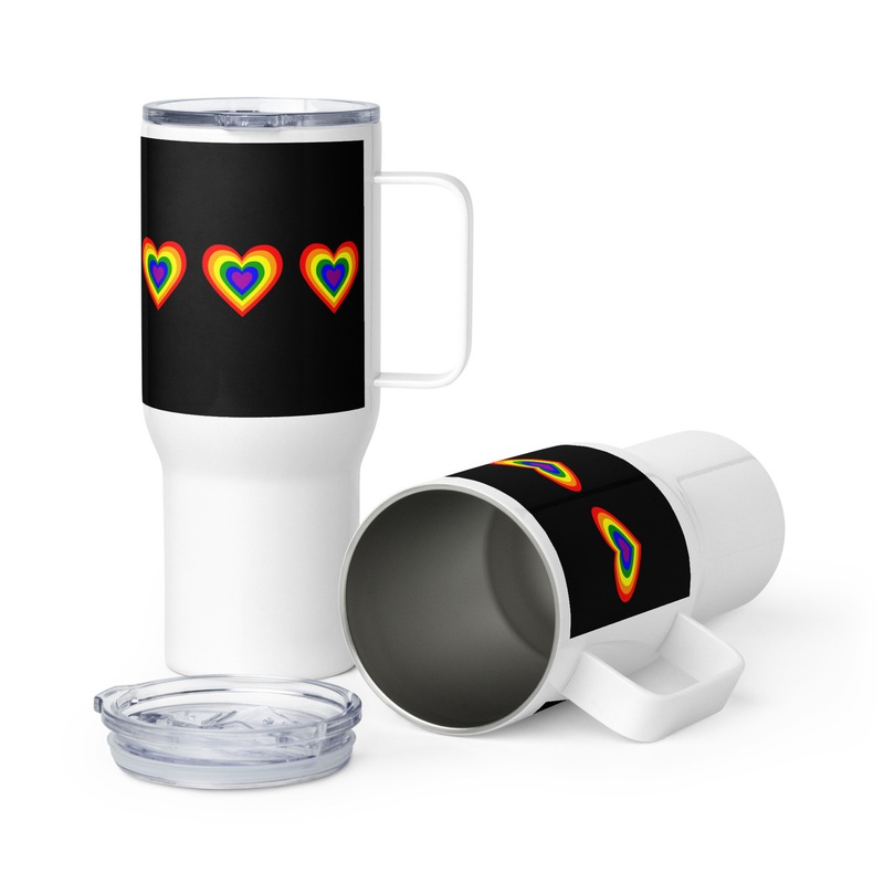 WTees Rainbow Hearts Travel Mug with Handle Black