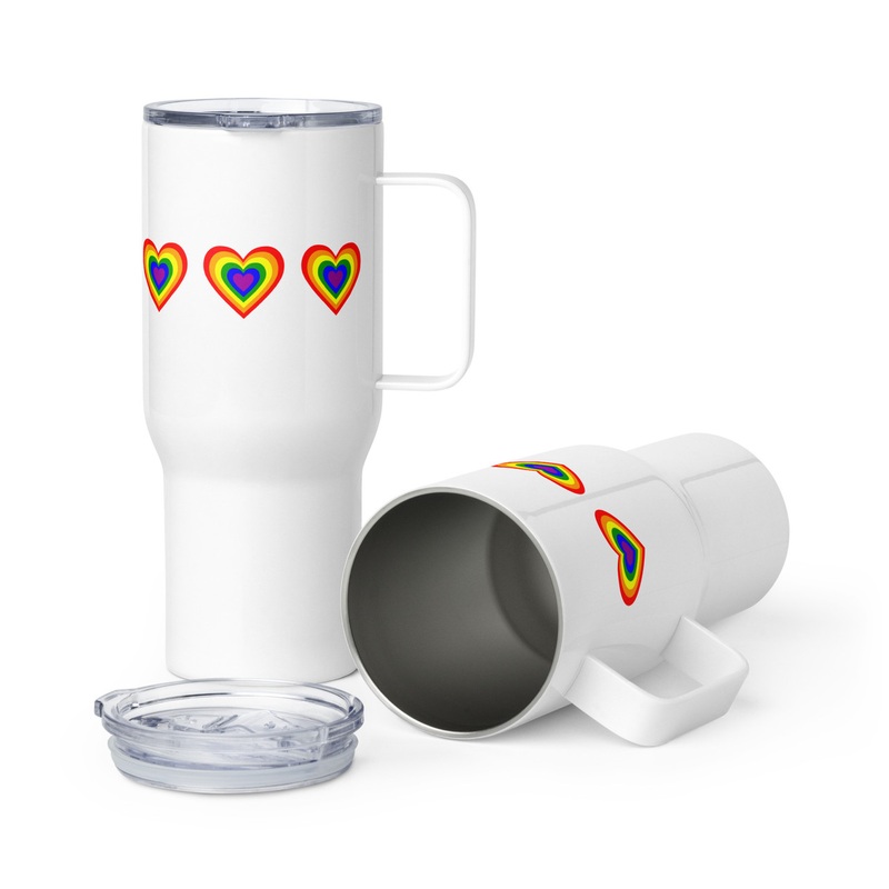 WTees Rainbow Hearts Travel Mug with Handle White