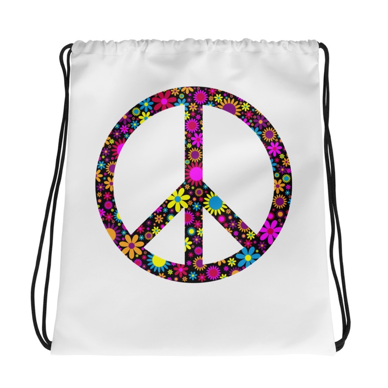 WTees Flower Power Peace Sign Drawstring Bag White
