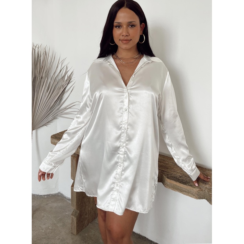 90210 Satin Shirt Mini Dress White Curve