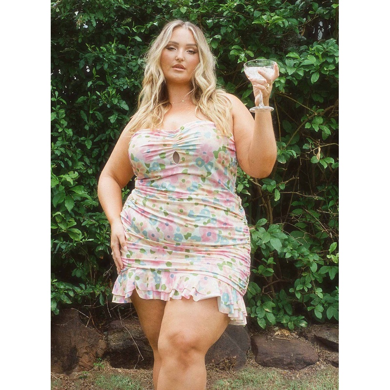 Adore You Strapless Ruffle Mini Dress Yellow Multi Curve