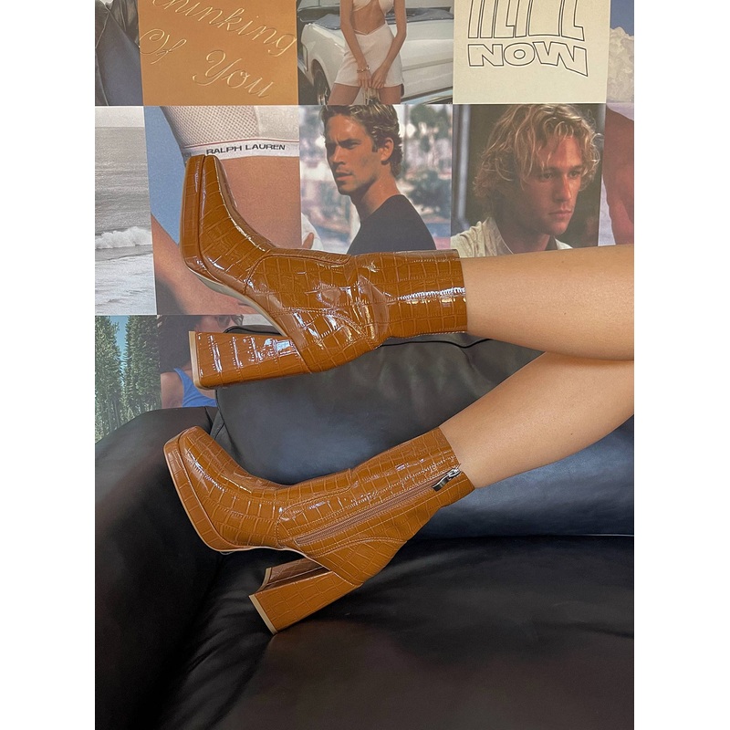 Jamie Croc Platform Boots Camel