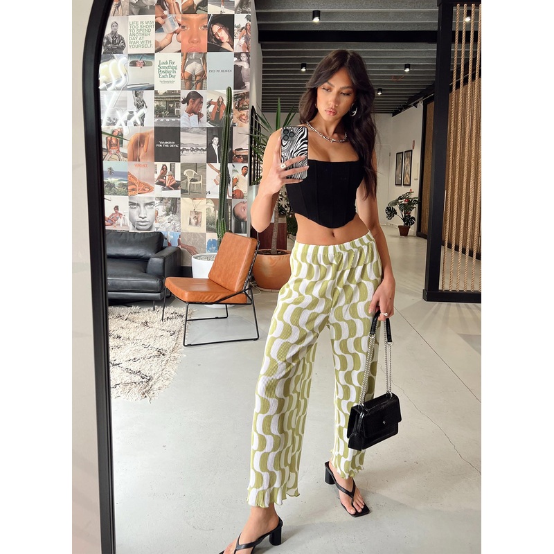 Taina Pleated Wide Leg Pants Green Multi
