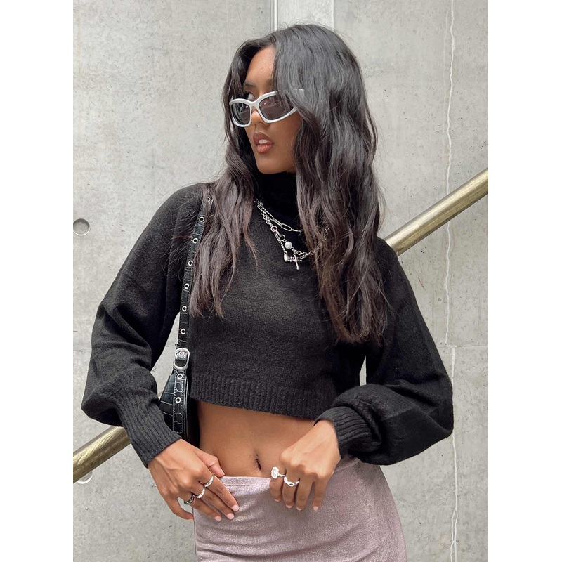 Zahara Cropped Turtleneck Sweater Black