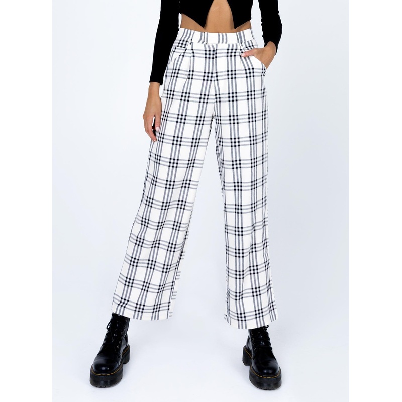 Declan Checked Wide Leg Pants White