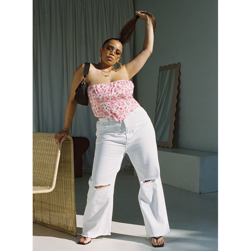 Cece Hammer Wide Leg Knee Rip Jeans White Denim Curve