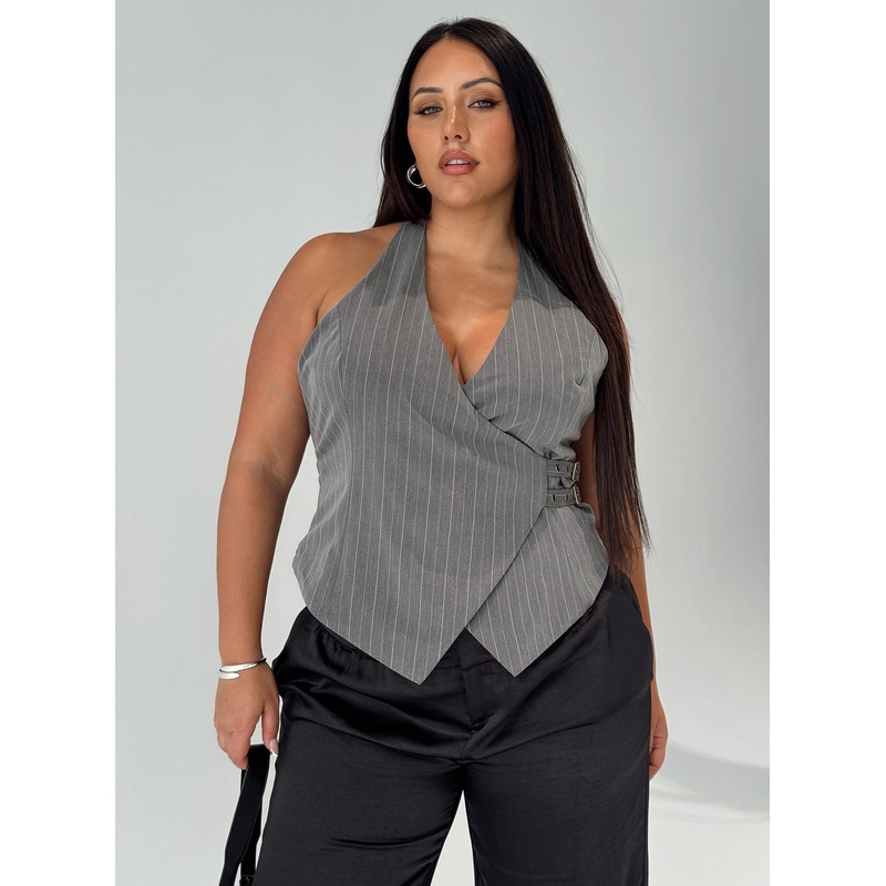 Calexico Buckle Halter Top Grey Pinstripe Curve
