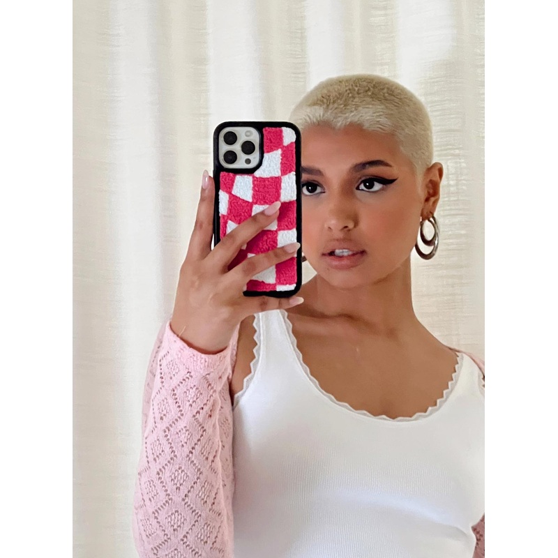 Avenue Check Textured iPhone Case Pink / White