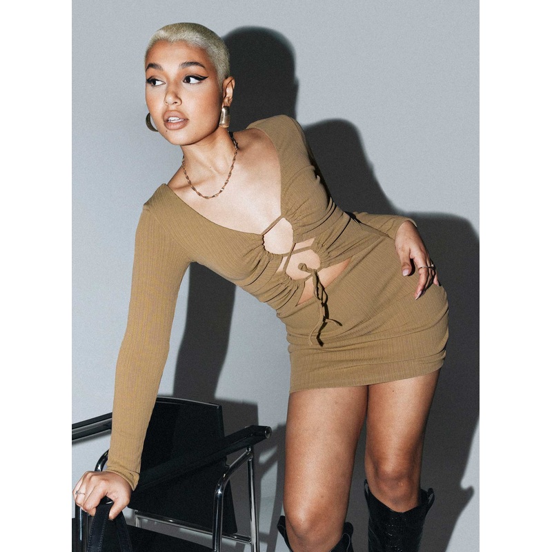 Trina Long Sleeve Mini Dress Beige