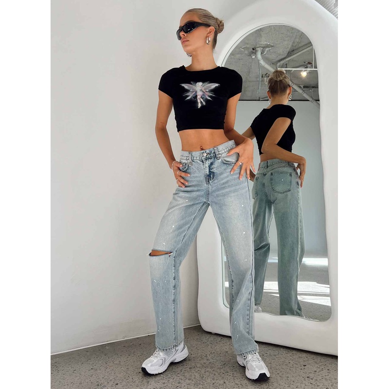 Buleen Straight Leg Ripped Jeans Light Wash Denim