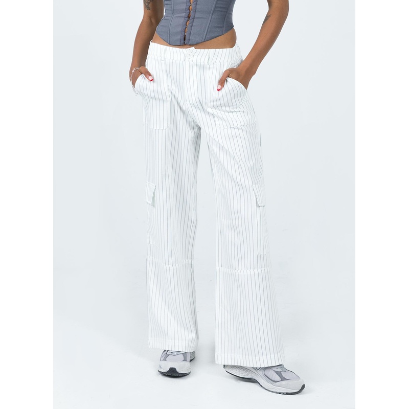 Luna Mid Rise Cargo Pants White Pinstripe