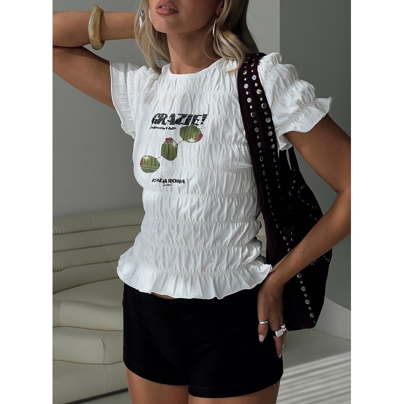 Grazie Mille Shirred Graphic Top White / Green