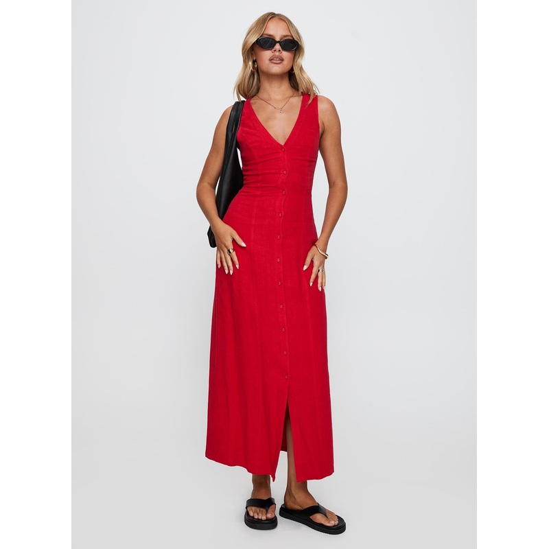 Summer Season Linen Blend Maxi Dress Red
