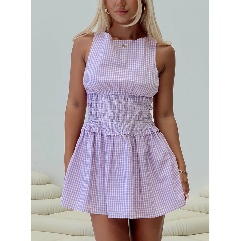 Yennifer Shirred Mini Dress Purple Check