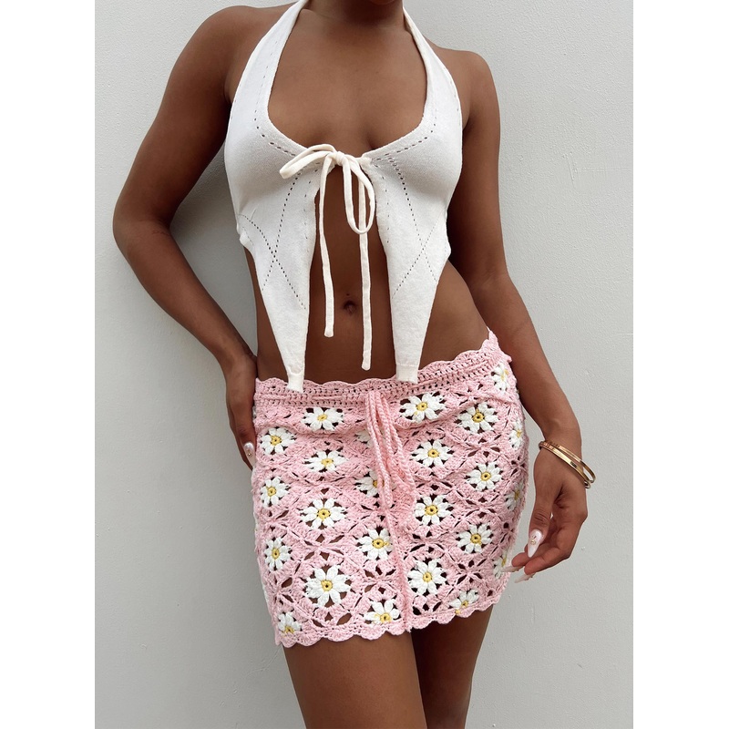 Larose Crochet Mini Skirt Pink