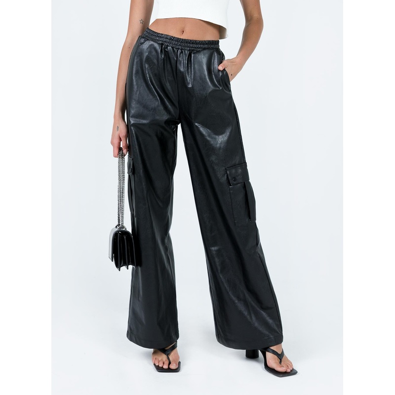 Lista Faux Leather Elastic Pocket Pants Black