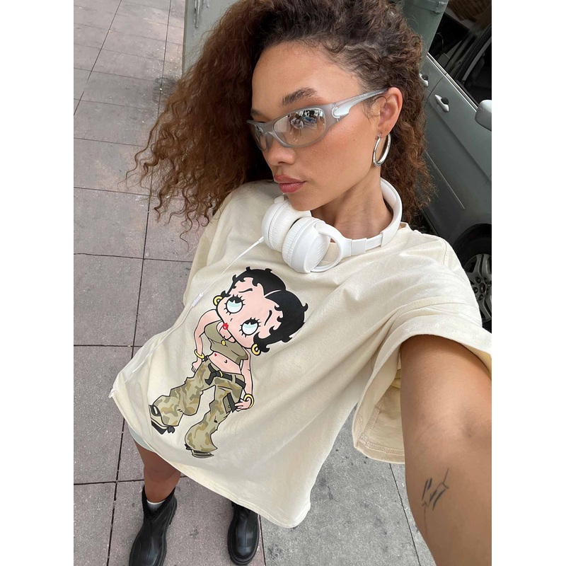 Betty Boop Camo Girl Oversized Tee Beige