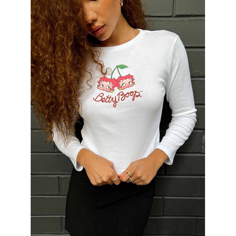 Betty Boop Cherry Girl Long Sleeve Top White