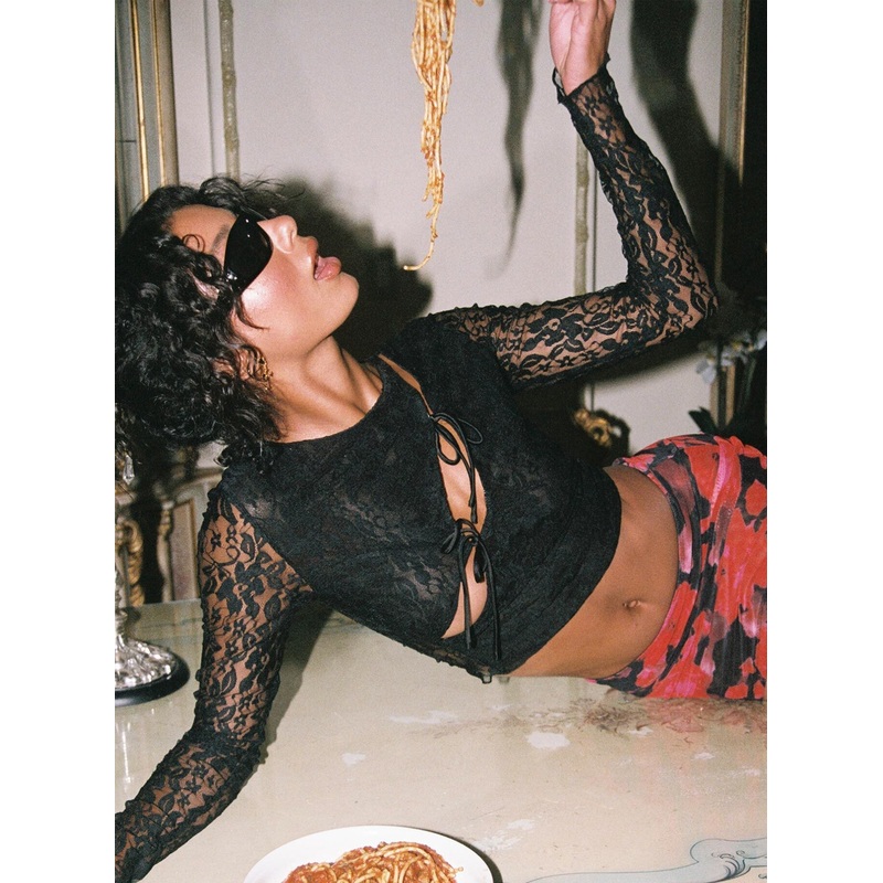 Falco Long Sleeve Lace Top Black