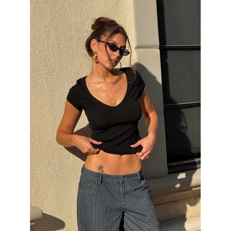 Lovely Day V Neck Top Black