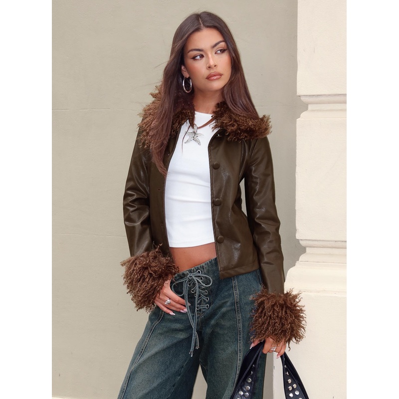 Cupid Clouds Faux Leather Jacket Brown