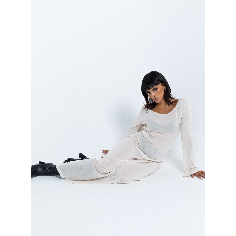 Sarelle Low Back Knit Maxi Dress Beige