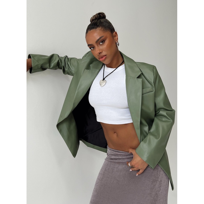 Jocelyn Faux Leather Blazer Olive Green