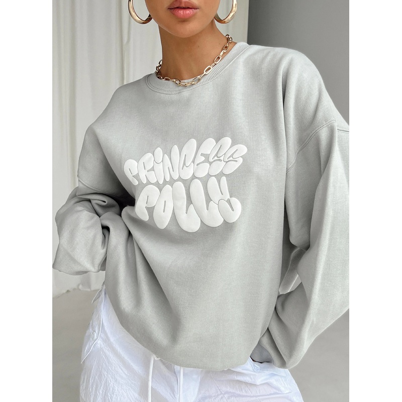 Princess Polly Crew Neck Sweatshirt Bubble Text Grey / Cloud White