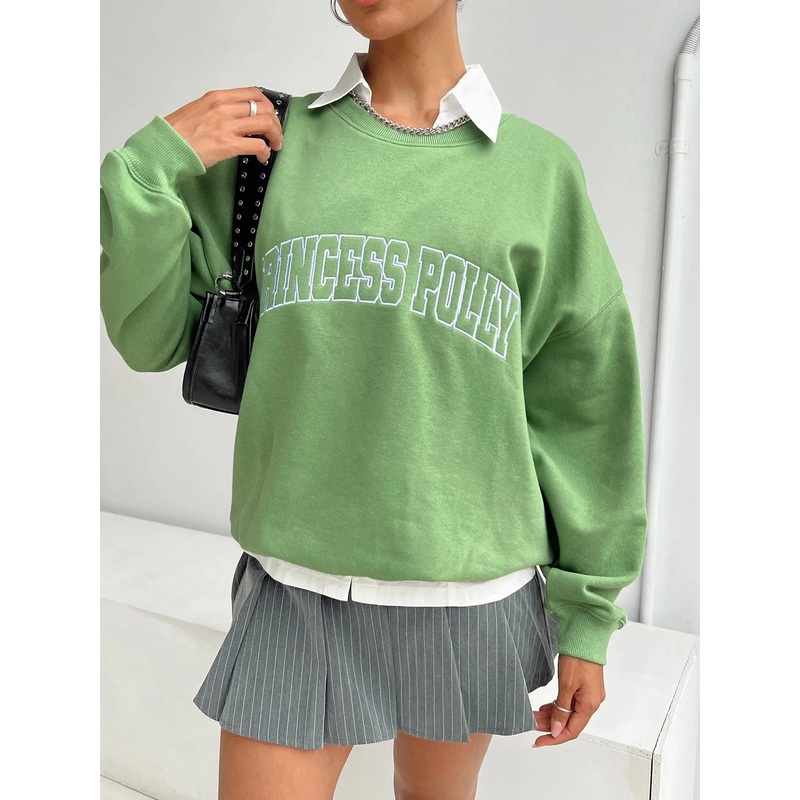 Princess Polly Crew Neck Sweatshirt Collegiate Text Green
