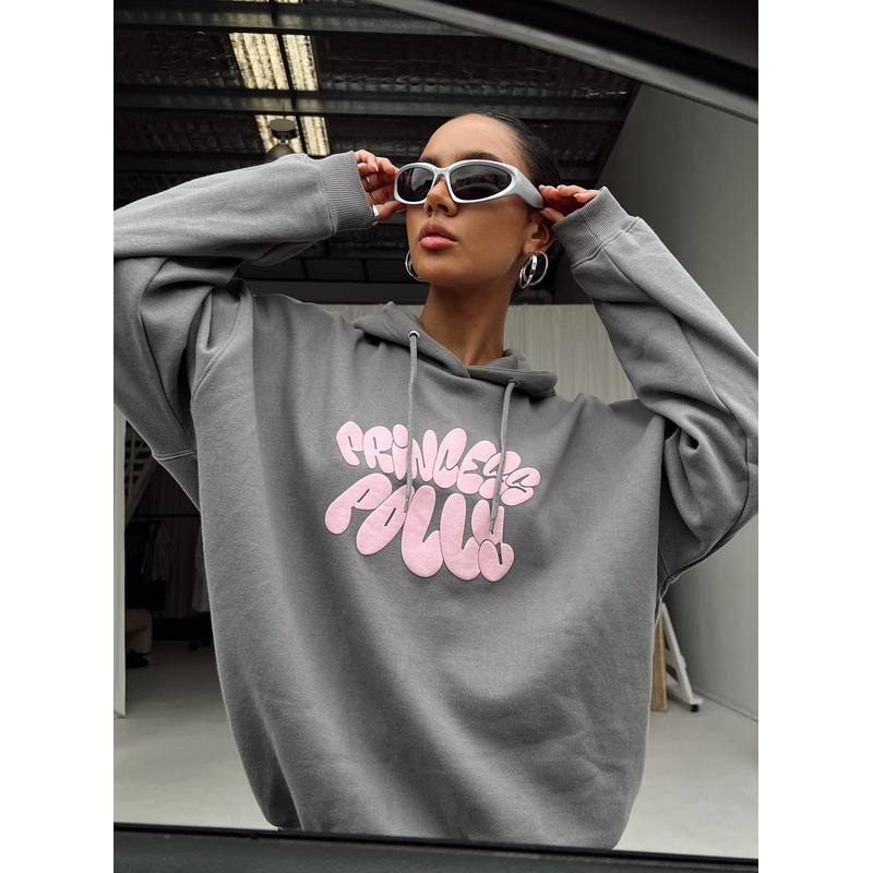 Princess Polly Hoodie Sweatshirt Bubble Text Charcoal / Light Pink