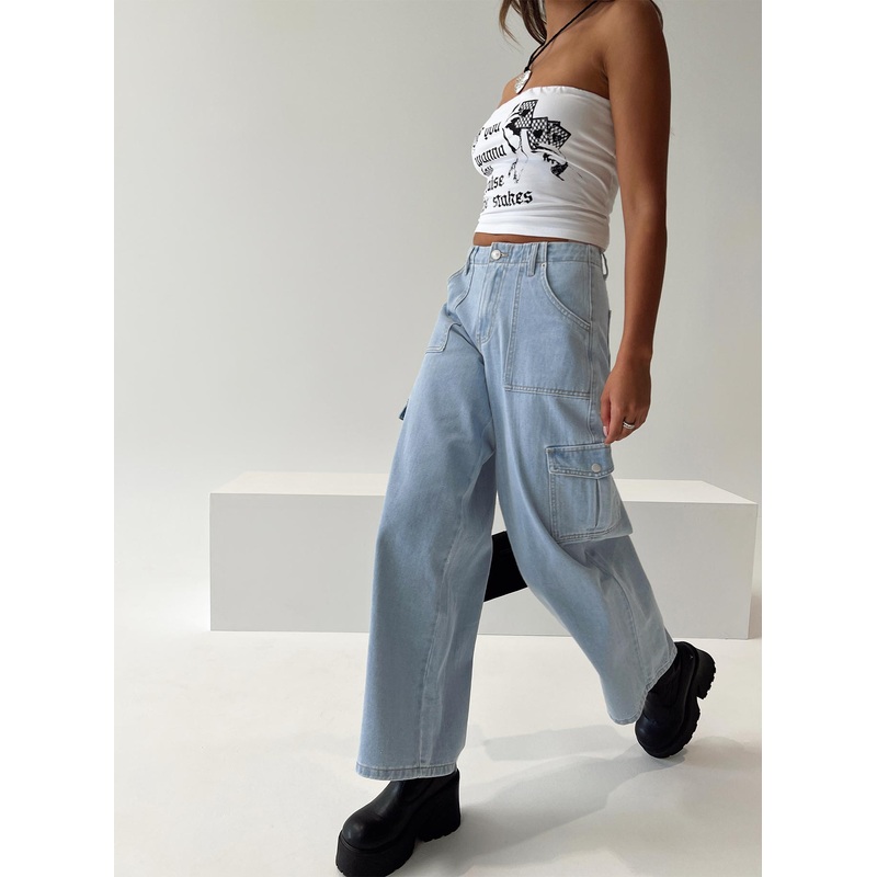 Adrianne Wide Leg Cargo Jeans Light Wash Denim
